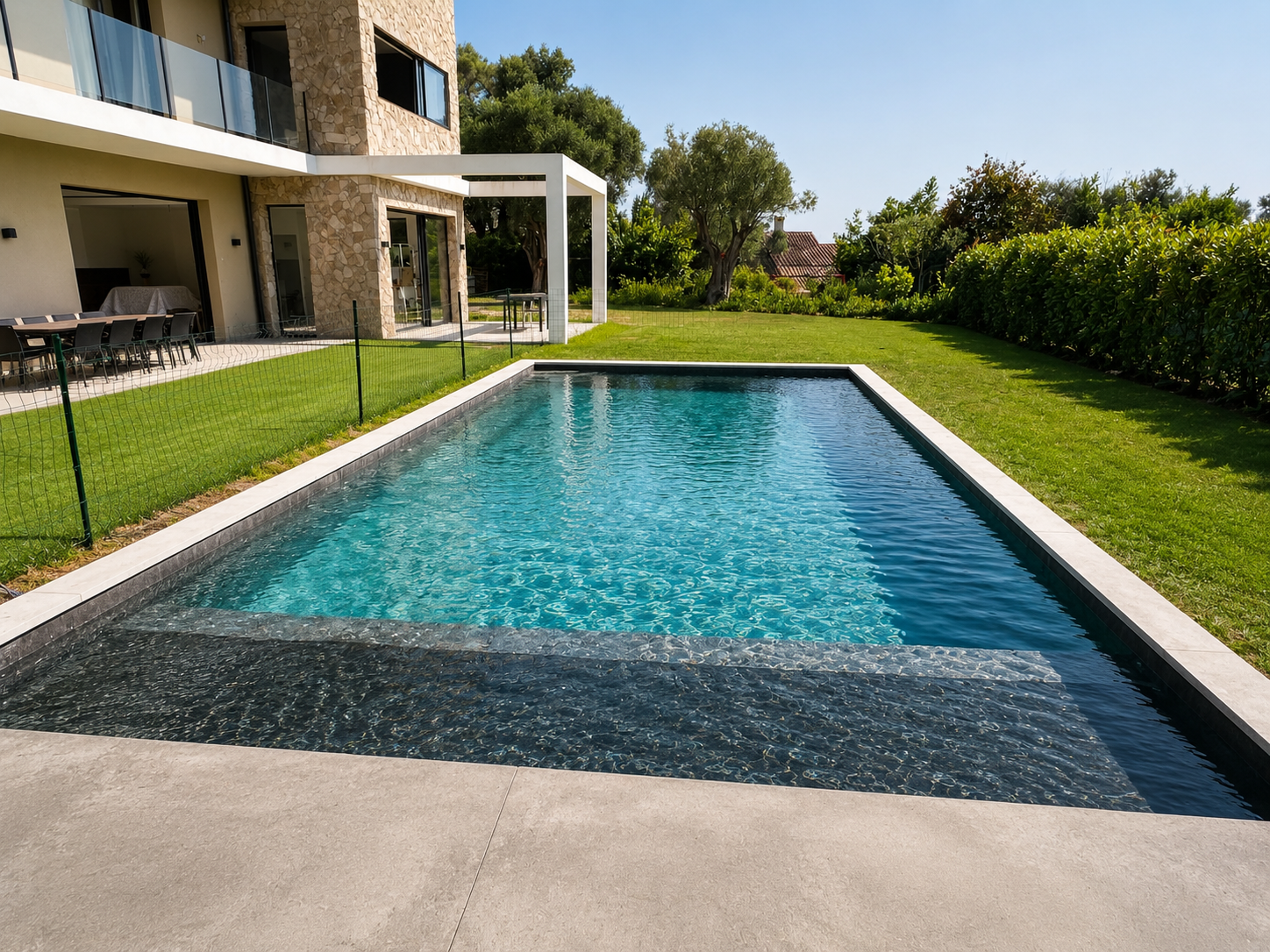 Piscine livrée, bassin marbre noir rempli, jardin et villa contemporaine