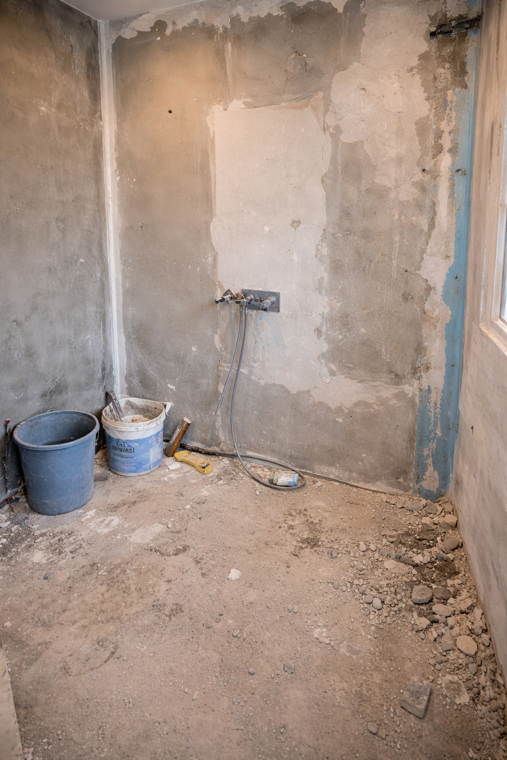Douche avant, murs bruts